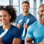 Home 10 피트니스 경영사와 기업 협업 사례 - **Corporate Wellness in Action:** A vibrant, modern corporate fitness center filled with diverse emp...