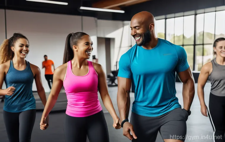 피트니스 경영사와 팀워크 형성 방법 - A diverse group of men and women, all wearing modern and modest athletic sportswear (including athle...