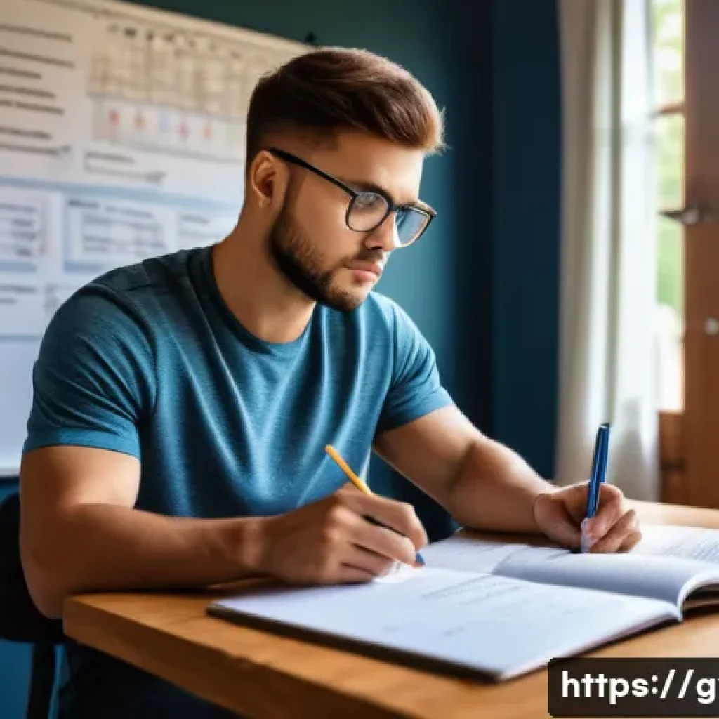 피트니스 경영사 자격증 독학 가능성 - A focused study scene showing a young adult male sitting at a wooden desk surrounded by open textboo...