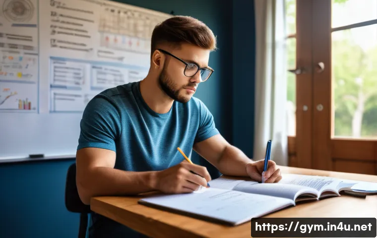 피트니스 경영사 자격증 독학 가능성 - A focused study scene showing a young adult male sitting at a wooden desk surrounded by open textboo...