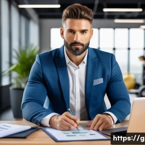 피트니스 경영사 연봉 협상 팁 - A confident fitness manager in a modern gym office, presenting detailed charts and graphs showing me...