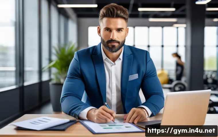 피트니스 경영사 연봉 협상 팁 - A confident fitness manager in a modern gym office, presenting detailed charts and graphs showing me...